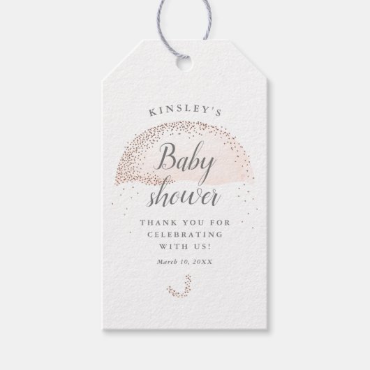 Glitter roze paraplu babyshower bedankje cadeaulabel (Voorkant)