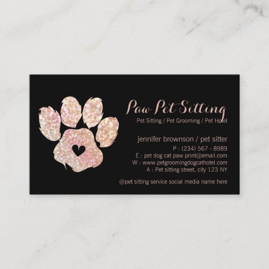 Glitter Roze Pet Sitter Grooming Paw Visitekaartje (Voorkant)