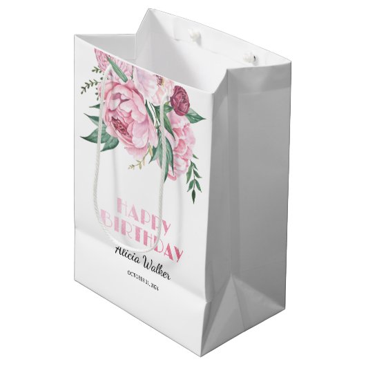 Glitter roze pioen bloemengroen Verjaardag Medium Cadeauzakje (Voorkant Gekanteld)