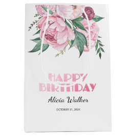 Glitter roze pioen bloemengroen Verjaardag Medium Cadeauzakje