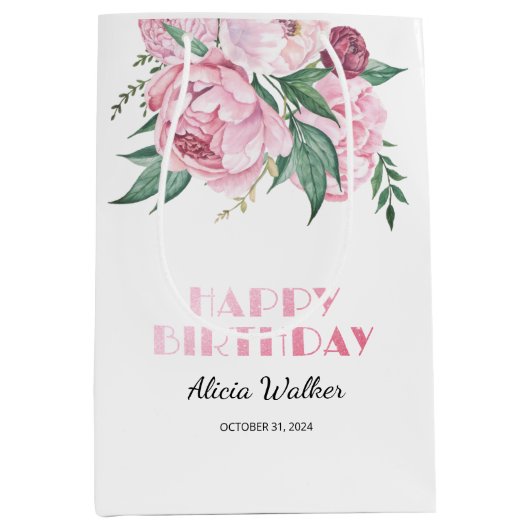 Glitter roze pioen bloemengroen Verjaardag Medium Cadeauzakje (Voorkant)