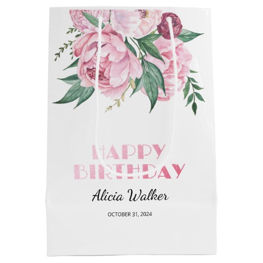 Glitter roze pioen bloemengroen Verjaardag Medium Cadeauzakje (Achterkant)