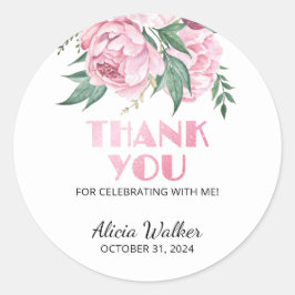 Glitter roze pioen bloemengroen Verjaardag Ronde Sticker