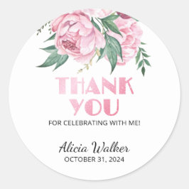 Glitter roze pioen bloemengroen Verjaardag Ronde Sticker