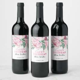 Glitter roze pioen bloemengroen Verjaardag Wijn Etiket