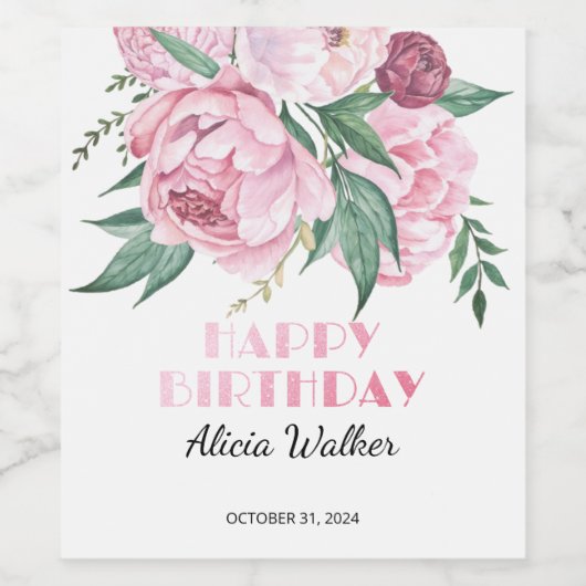 Glitter roze pioen bloemengroen Verjaardag Wijn Etiket (Enkel label)