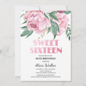 Glitter roze pioen bloemensmaak 16e verjaardag kaart (Voorkant)