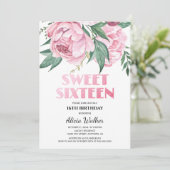 Glitter roze pioen bloemensmaak 16e verjaardag kaart (Staand voorkant)