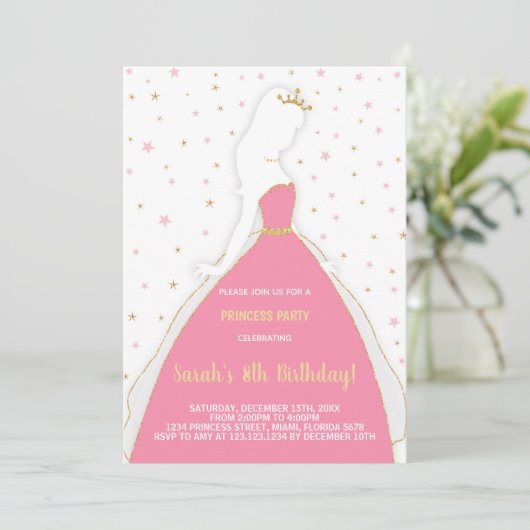 Glitter Roze Prinses Verjaardag Uitnodigingen (Staand voorkant)