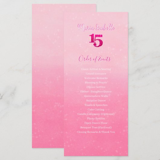 Glitter Roze Quinceñera Gebeurtenissen Volgorde (Voorkant / Achterkant)