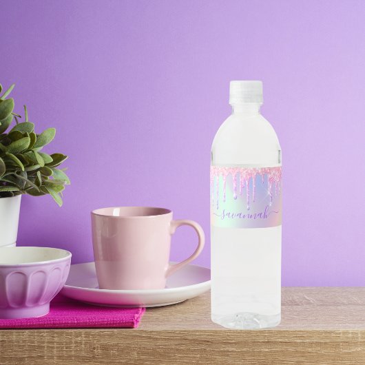 Glitter roze roosgoud regenboog holografische naam waterfles etiket