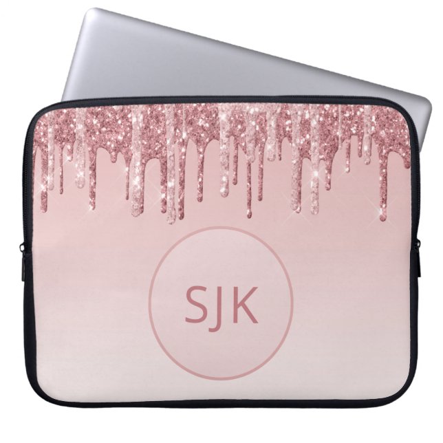 Glitter roze roze roodbruin monogram laptop sleeve (Voorkant)