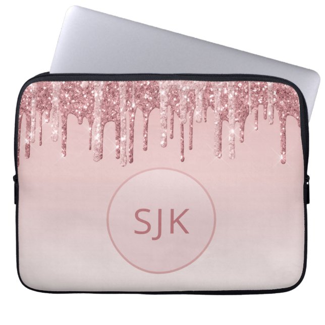 Glitter roze roze roodbruin monogram laptop sleeve (Voorkant)