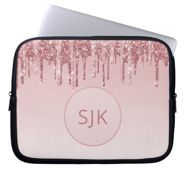 Glitter roze roze roodbruin monogram laptop sleeve (Voorkant)