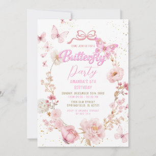 Glitter Roze Tuin Watercolor Vlinder Verjaardag Kaart