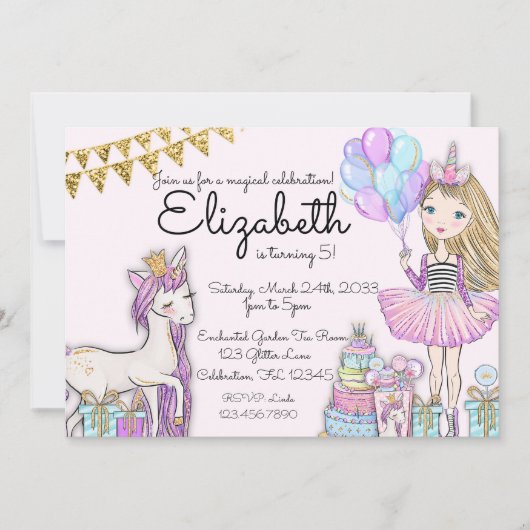 Glitter roze verjaardag blond meisje eenhoorn kaart (Voorkant)