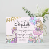 Glitter roze verjaardag blond meisje eenhoorn kaart (Staand voorkant)