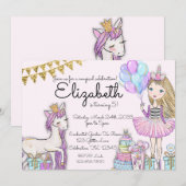 Glitter roze verjaardag blond meisje eenhoorn kaart (Voorkant / Achterkant)