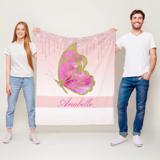 Glitter roze vlinder op maat fleece deken (In situ)