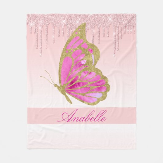 Glitter roze vlinder op maat fleece deken (Voorkant)