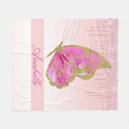 Glitter roze vlinder op maat fleece deken (Voorkant (Horizontaal))