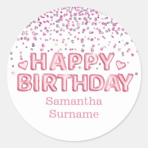 Glitter roze witte 3d blije verjaardagsglans ronde sticker