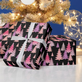 Glitter Roze Zwart Kerstboom Patroon Cadeaupapier
