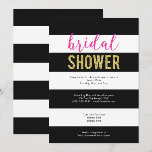 Glitter Roze Zwart Strepen Bruiloft Feest Kaart (Voorkant / Achterkant)