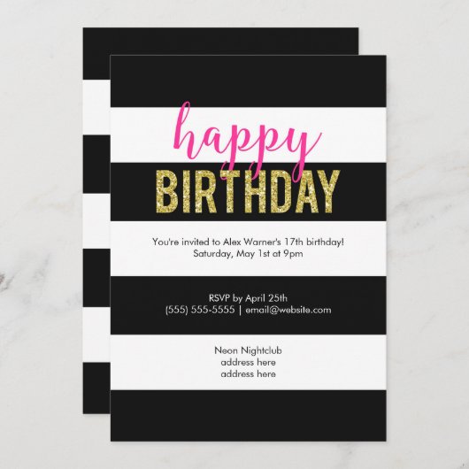 Glitter Roze Zwart Strepen Verjaardagsfeestje Kaart (Voorkant / Achterkant)