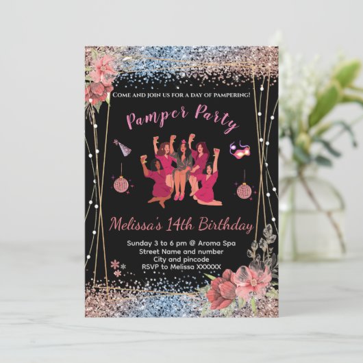 Glitter roze/zwart tienerfeest uitnodigingen voor  (Staand voorkant)