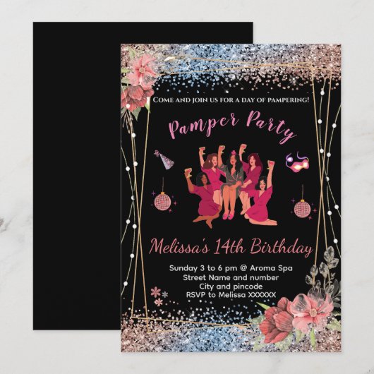 Glitter roze/zwart tienerfeest uitnodigingen voor (Voorkant / Achterkant)