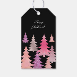 Glitter roze zwarte kerstboom patroon cadeaulabel