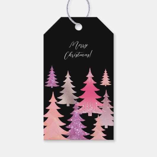 Glitter roze zwarte kerstboom patroon cadeaulabel (Voorkant)