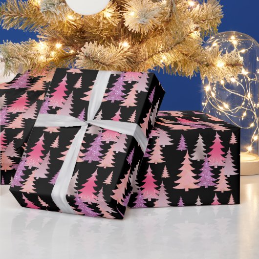 Glitter roze zwarte kerstboom patroon cadeaupapier (Feestdagen)