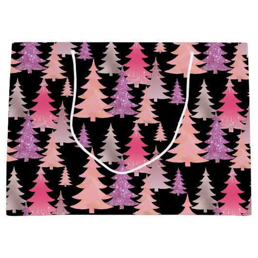 Glitter roze zwarte kerstboom patroon groot cadeauzakje (Voorkant)