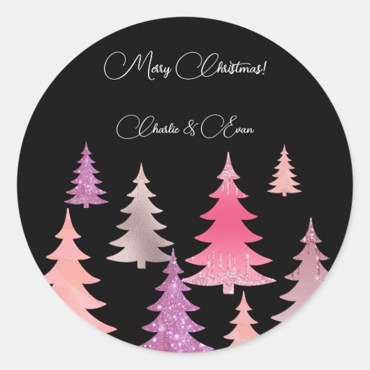 Glitter Roze Zwarte Monogram Ronde Sticker (Voorkant)