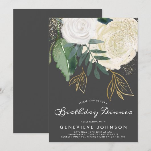 Glitter Rozen Birthday Dinner Invitation Kaart (Voorkant / Achterkant)