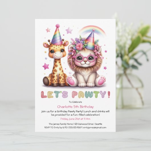 Glitter Safari Verjaardagsfeest Schattige Lion & G Kaart (Staand voorkant)