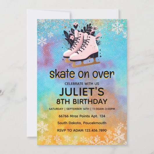Glitter schaatsen partij 8e verjaardag kaart (Voorkant)