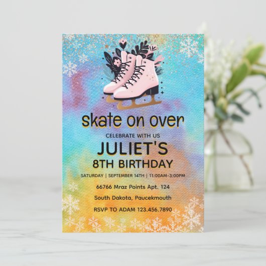 Glitter schaatsen partij 8e verjaardag kaart (Staand voorkant)