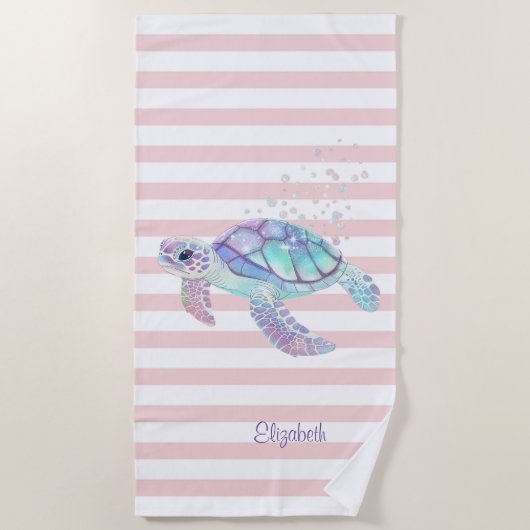 Glitter Schildpad Roze Strepen Strandlaken (Voorkant)