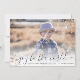 Glitter schrift joy to the world nieuwjaars foto feestdagenkaart