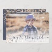 Glitter schrift vreugde tot de wereld nieuwjaar fo feestdagenkaart (Voorkant / Achterkant)