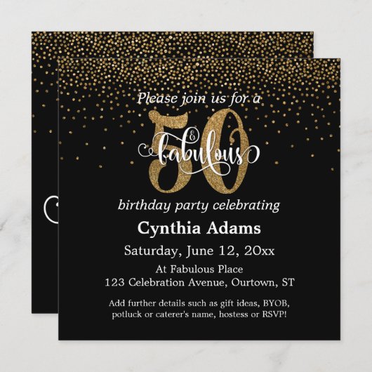 Glitter & Script 50 en verbluffend op zwart, zater Kaart (Voorkant / Achterkant)