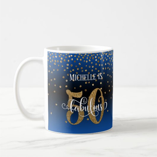 Glitter & Script 50 & Fabulous, Blau Zwarte Ombre Koffiemok (Links)