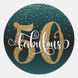 Glitter & Script 50 & Fabulous, Blauwgroen Verjaar Ronde Sticker