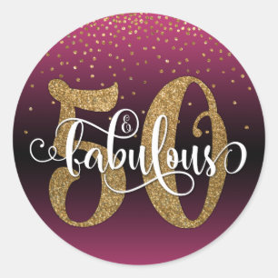 Glitter & Script 50 & Fabulous, Hot Pink Verjaarda Ronde Sticker