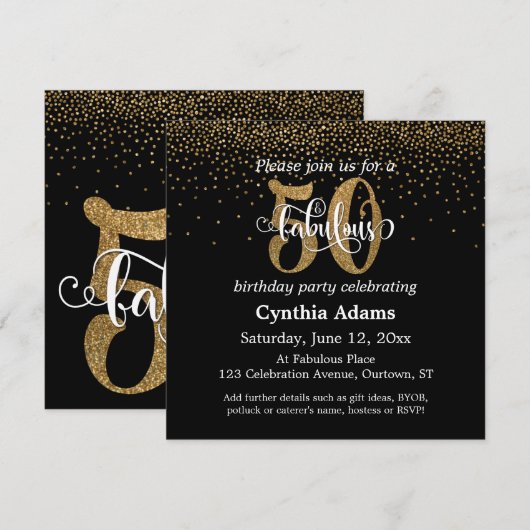 Glitter & Script 50 & Fabulous op Zwart, Verjaarda Kaart (Voorkant / Achterkant)