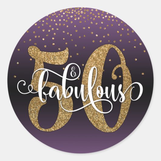 Glitter & Script 50 & Fabulous, Paarse Verjaardag Ronde Sticker (Voorkant)