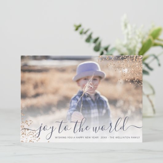 Glitter script blije foto van het wereld nieuwe ja feestdagenkaart (Staand voorkant)